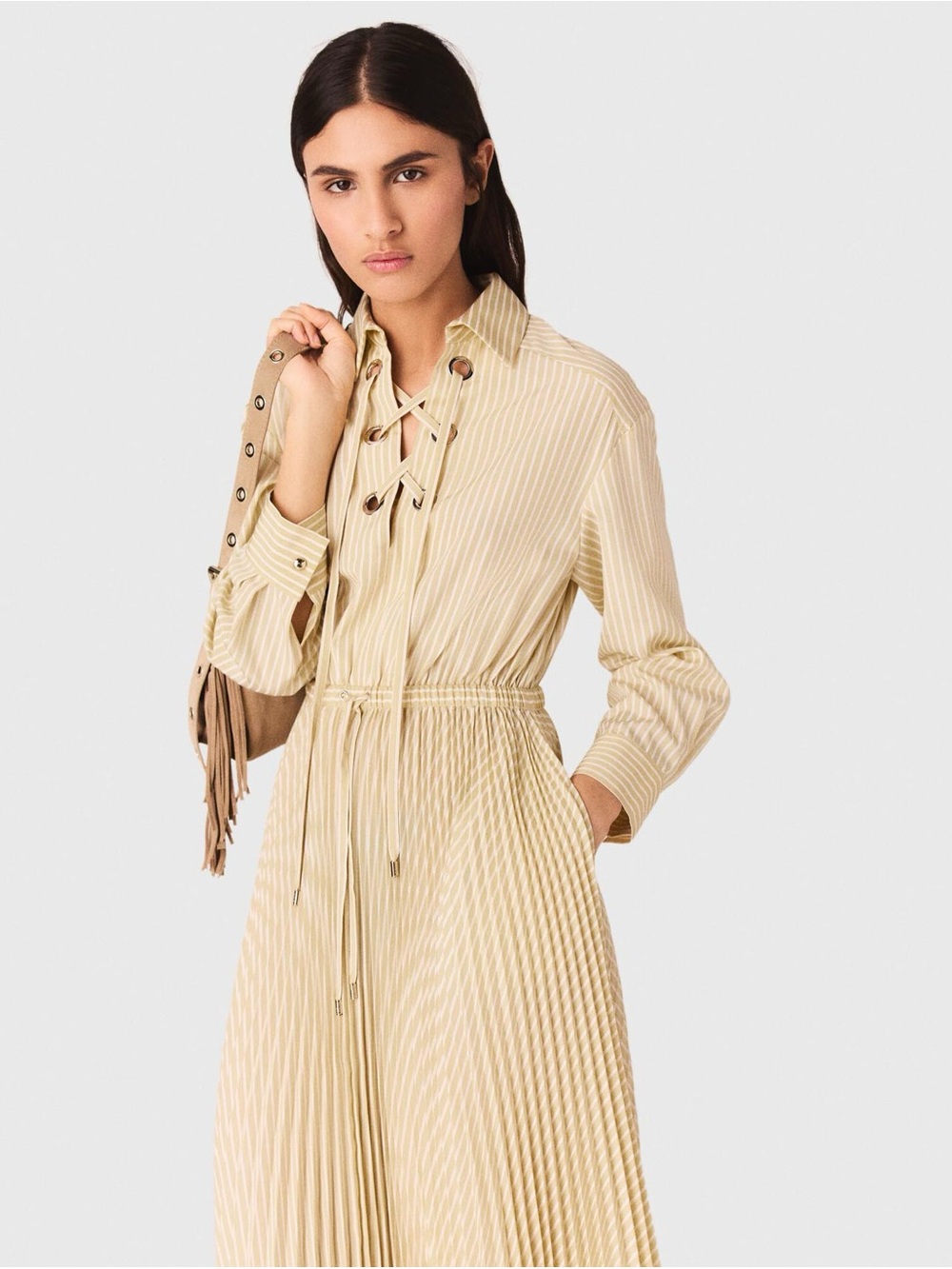Maje Yellow & White Striped Pleated Maxi Shirt Dress